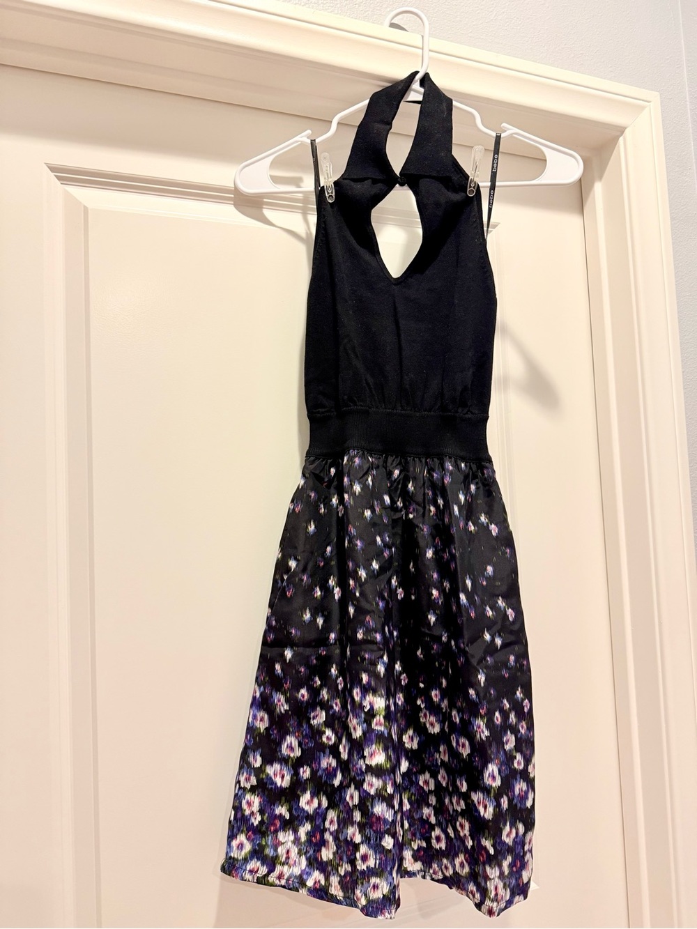Bebe XS Black Floral Halter Dress Keyhole Fit & Flare Y2K